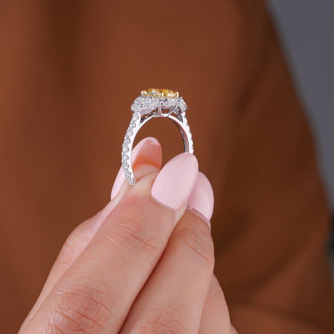 1.55 CT Fancy Yellow Oval Lab Grown Diamond Halo Unique Engagement Ring