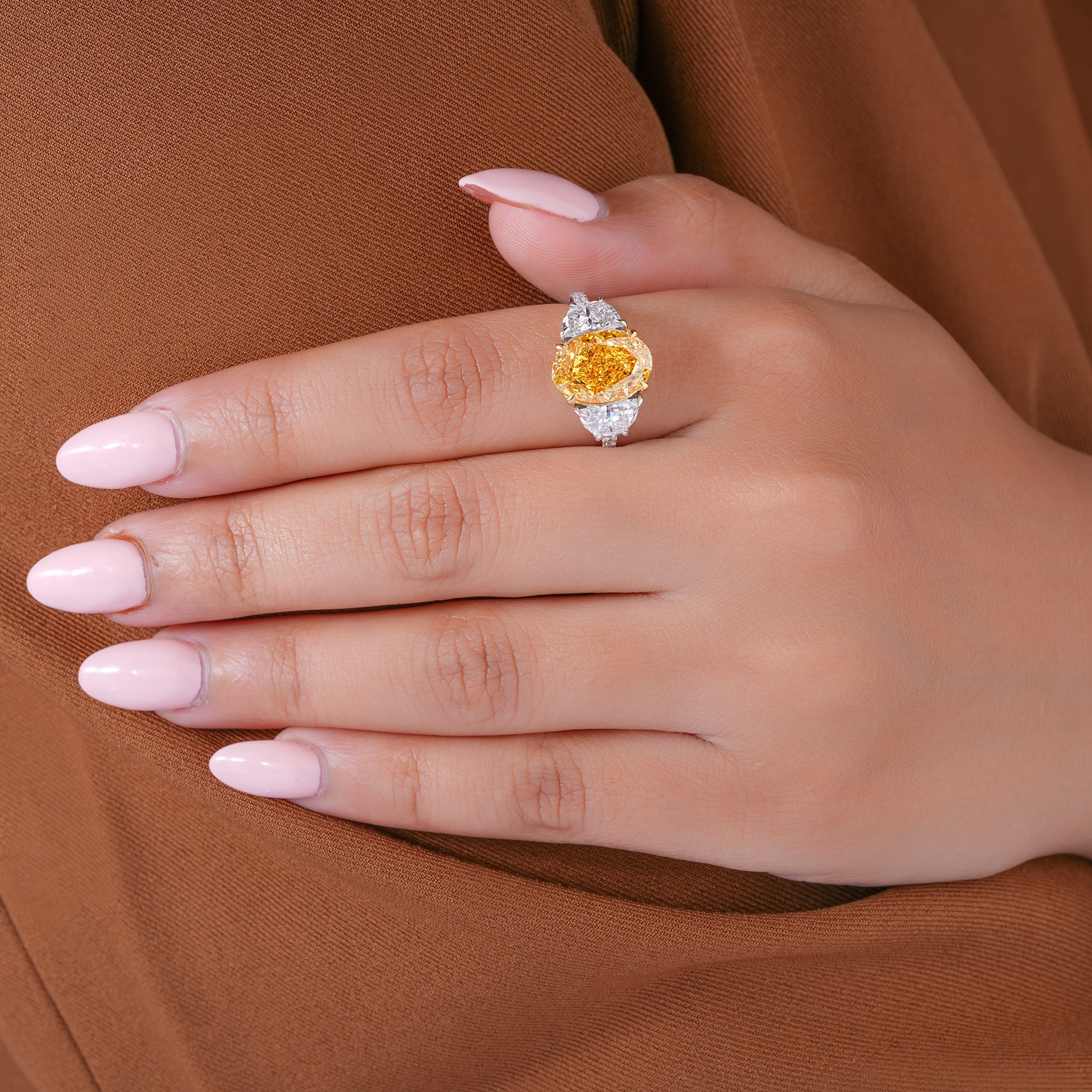 4.10 CT Oval Yellow Diamond Two Tone Setting Half Moon Side Pave Engagement Ring