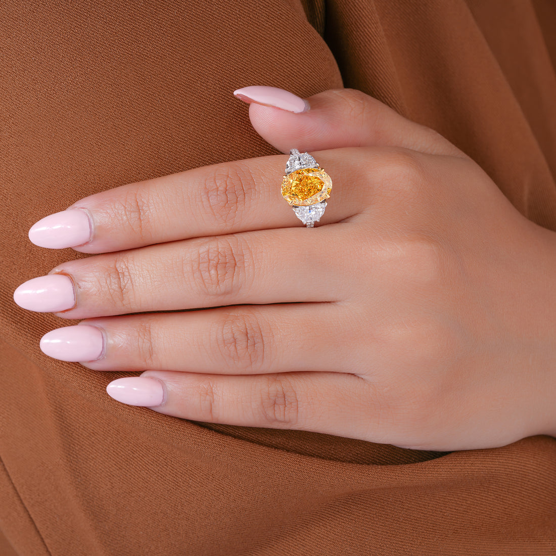 4.10 CT Oval Yellow Diamond Two Tone Setting Half Moon Side Pave Engagement Ring