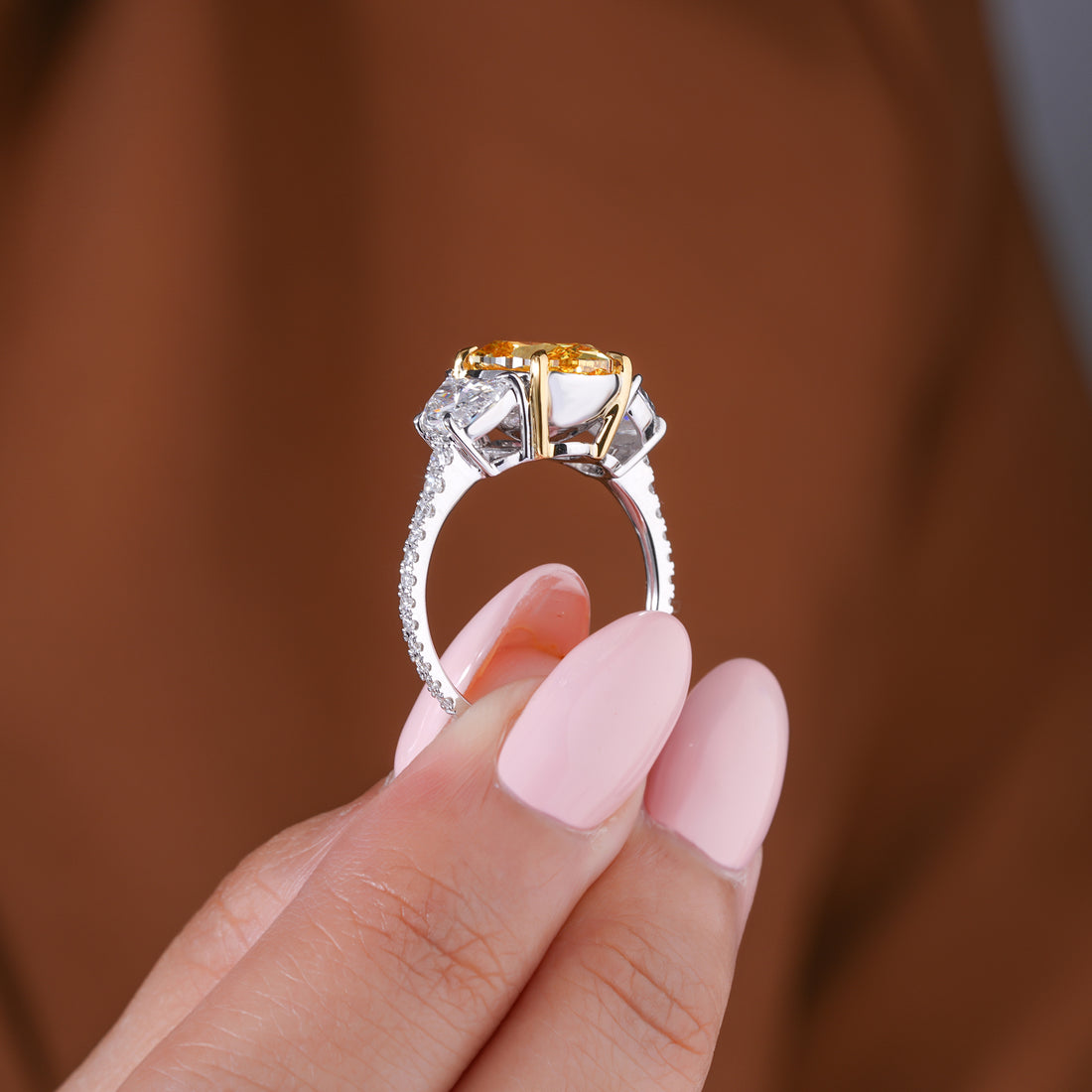 4.10 CT Oval Yellow Diamond Two Tone Setting Half Moon Side Pave Engagement Ring