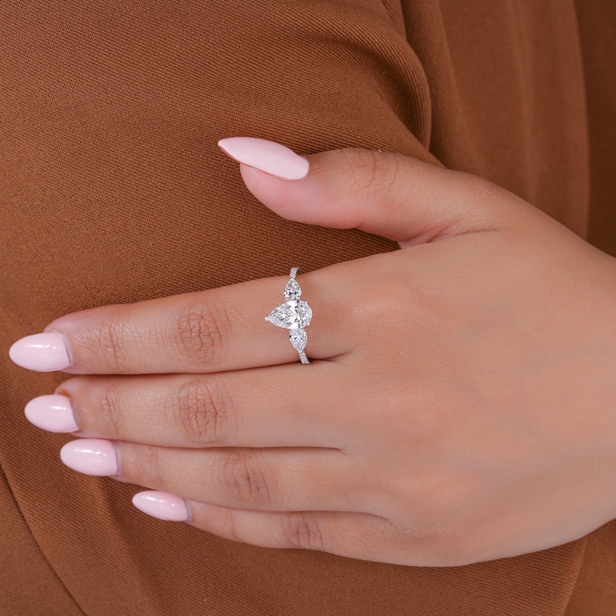1.10 Ct Pear (Teardrop) Three Stone Pave Setting Luxury Engagement Ring