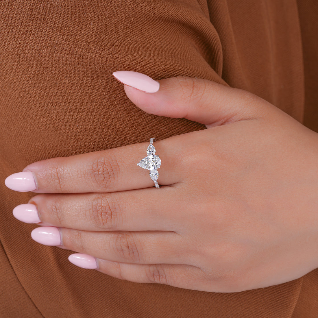 1.10 Ct Pear (Teardrop) Three Stone Pave Setting Luxury Engagement Ring