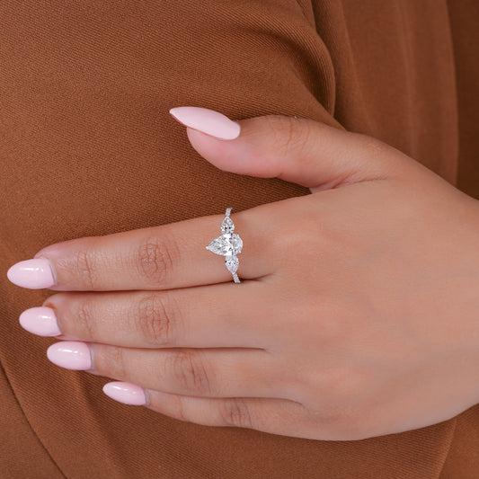 1.00 Ct Pear (Teardrop) Three Stone Pave Setting Luxury Engagement Ring