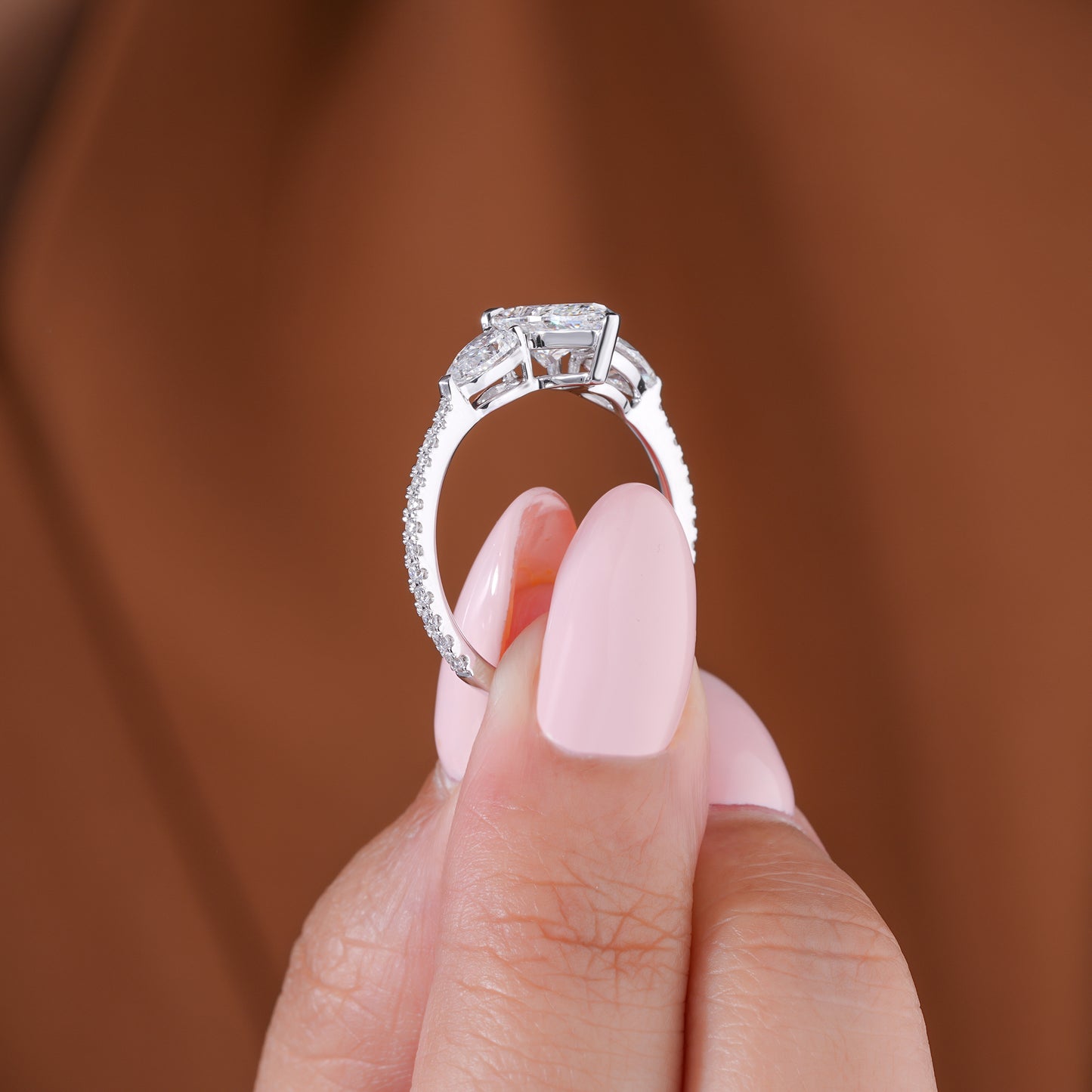 1.00 Ct Pear (Teardrop) Three Stone Pave Setting Luxury Engagement Ring
