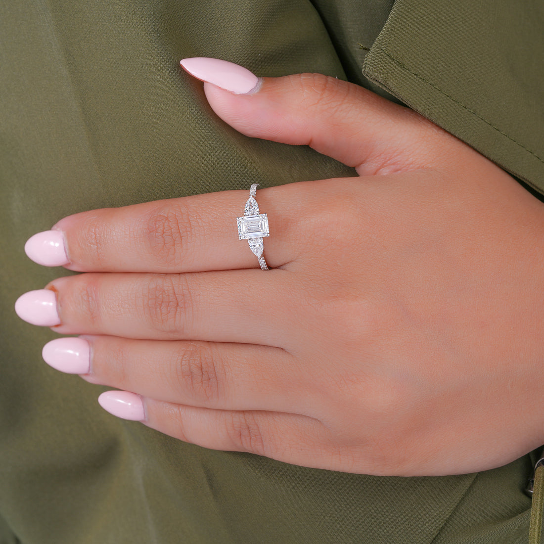 1.00 CT Emerald Cut Lab Grown Diamond Pear Side Trilogy Unique Engagement Ring