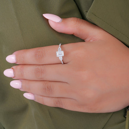 1.00 CT Emerald Cut Lab Grown Diamond Pear Side Trilogy Unique Engagement Ring