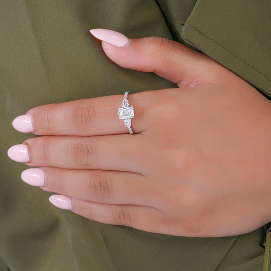 1.00 CT Emerald Cut Lab Grown Diamond Pear Side Trilogy Unique Engagement Ring