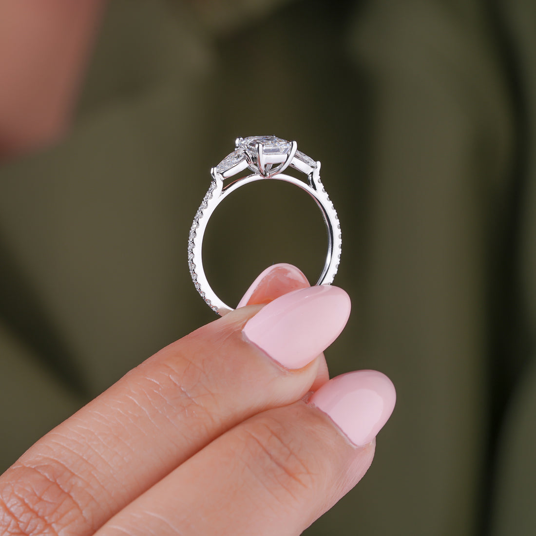 1.00 CT Emerald Cut Lab Grown Diamond Pear Side Trilogy Unique Engagement Ring