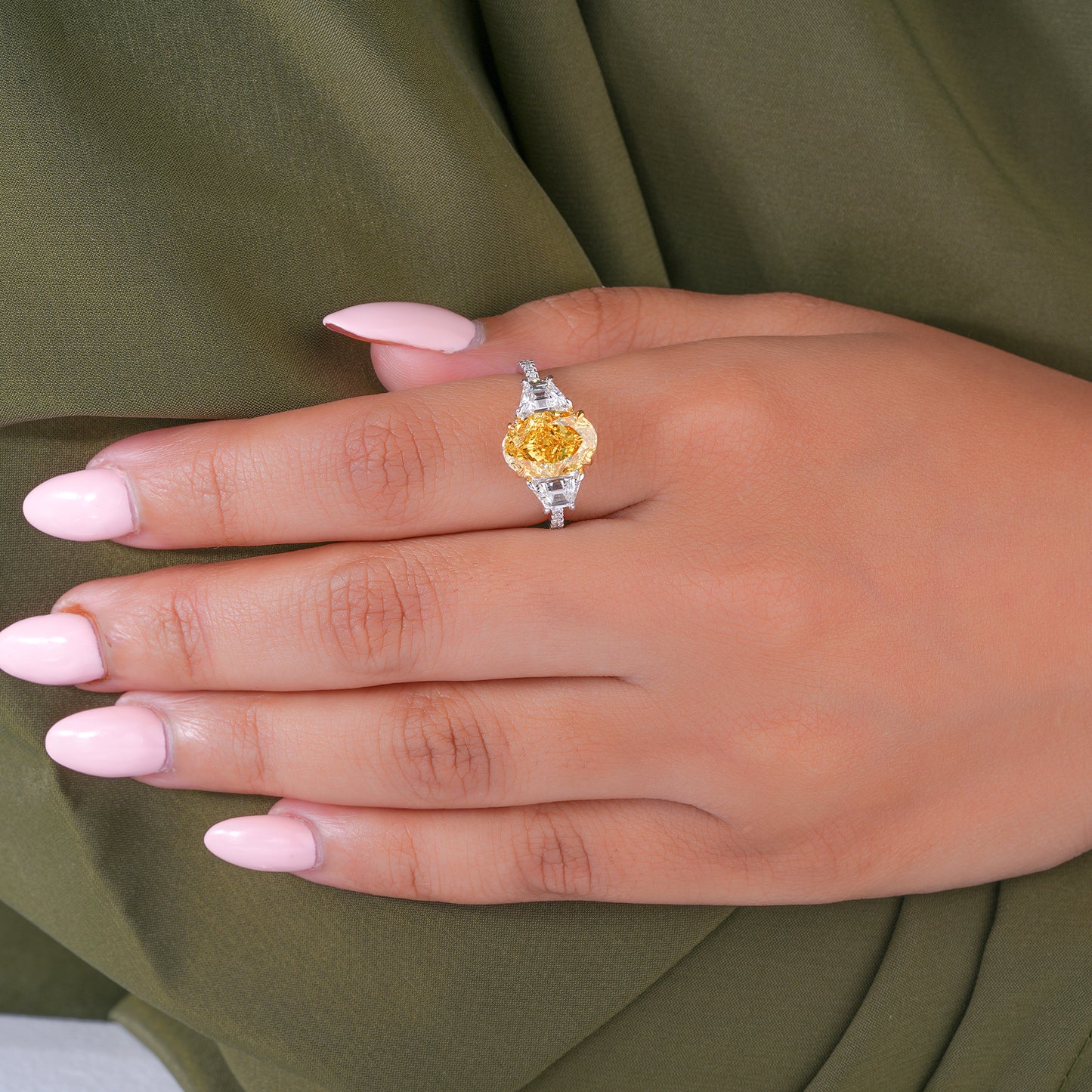 3.00 Carat Oval Yellow Diamond Ring Trilogy Art Deco Engagement RIng