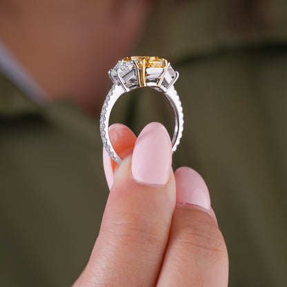 3.00 Carat Oval Yellow Diamond Ring Trilogy Art Deco Engagement RIng