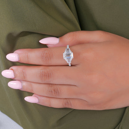2.00 CT Emerald Cut Lab Grown Diamond Trilogy Geometric Setting Engagement Ring
