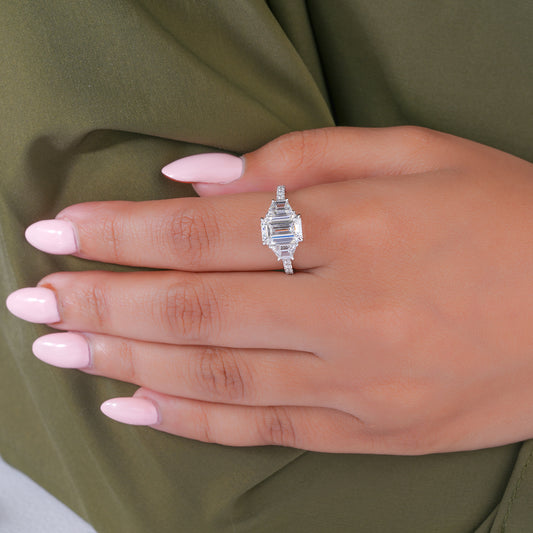 2.00 CT Emerald Cut Lab Grown Diamond Trilogy Geometric Setting Engagement Ring