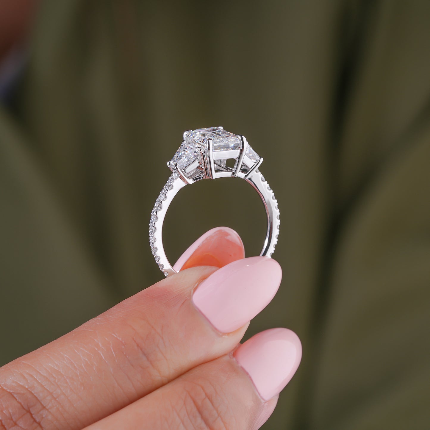 2.00 CT Emerald Cut Lab Grown Diamond Trilogy Geometric Setting Engagement Ring
