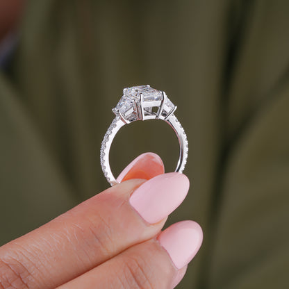 2.00 CT Emerald Cut Lab Grown Diamond Trilogy Geometric Setting Engagement Ring