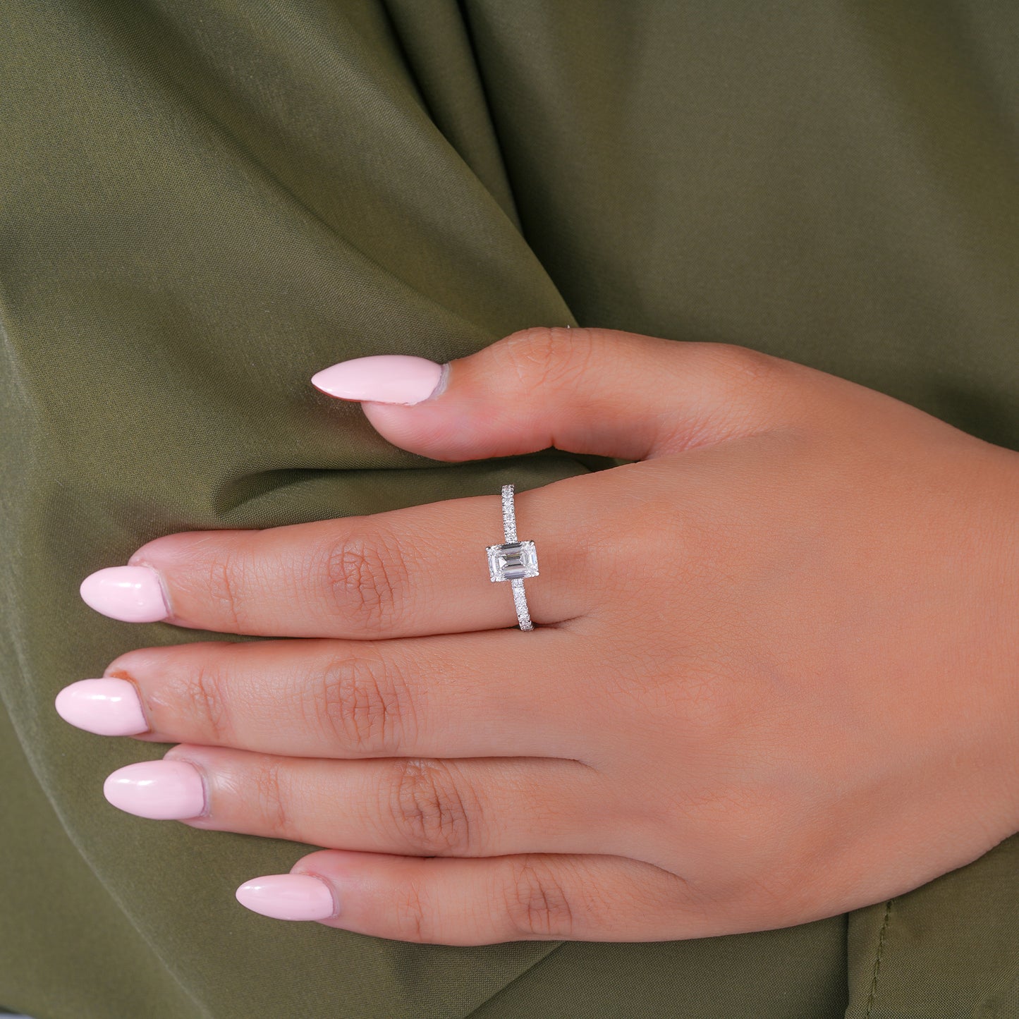 1.0 Carat Emerald Diamond Ring Petite Pave & Hidden Halo Engagement Ring