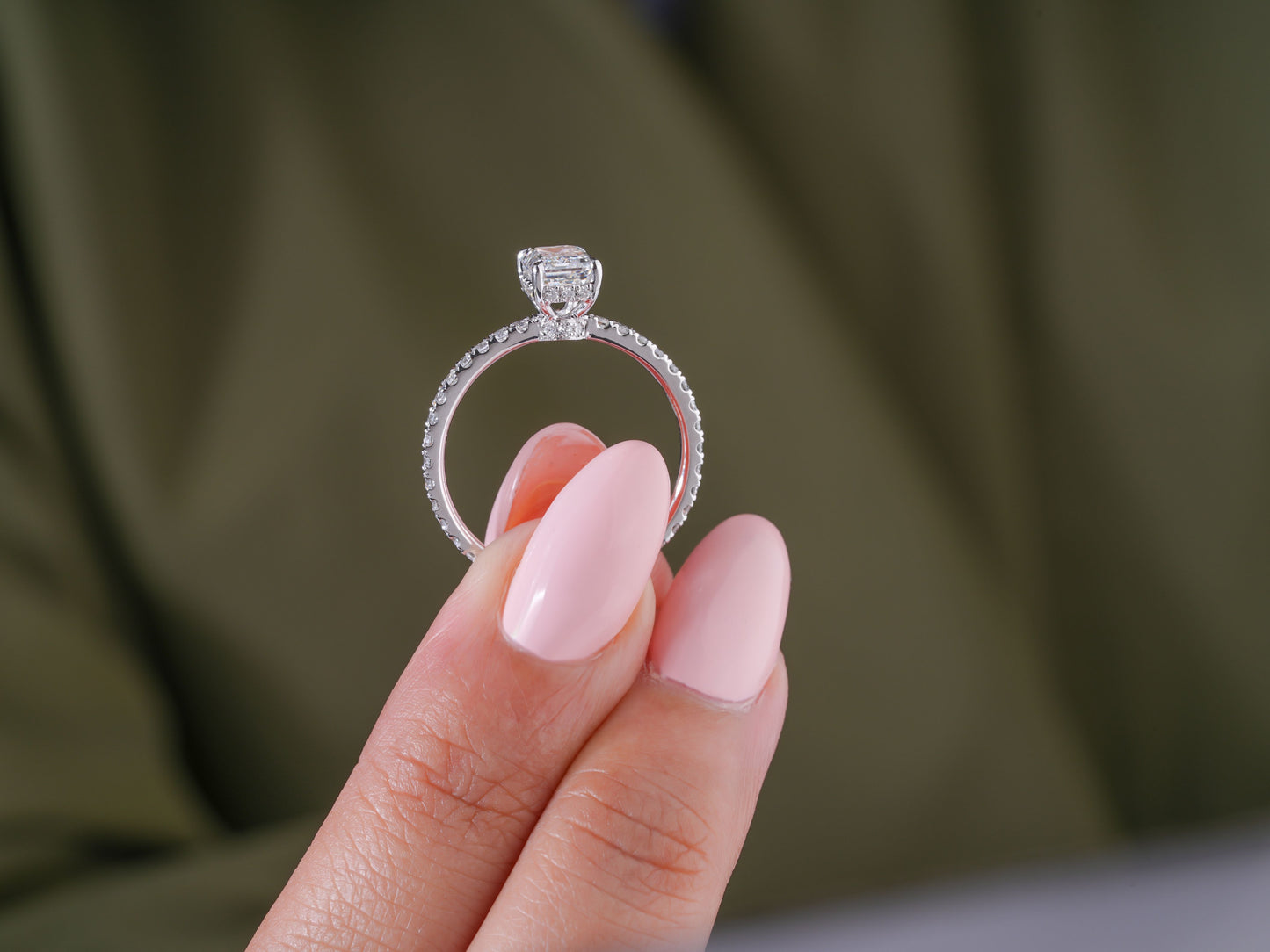 1.50 Ct Emerald Diamond Ring Petite Pave & Hidden Halo Engagement Ring