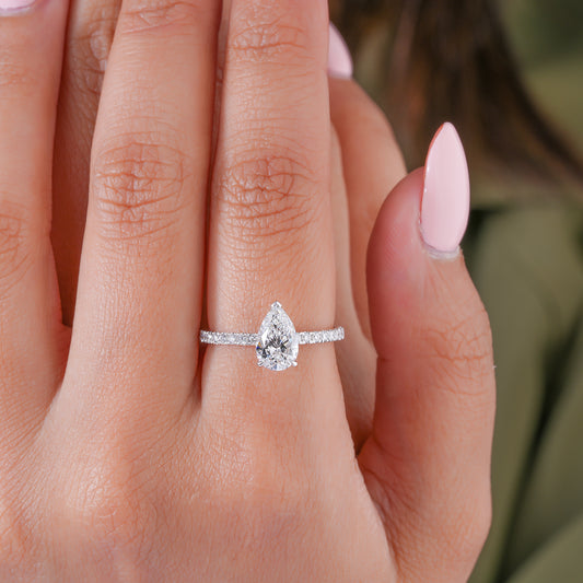 1.00 CT Pear Cut Lab Grown Diamond Pave Engagement Ring