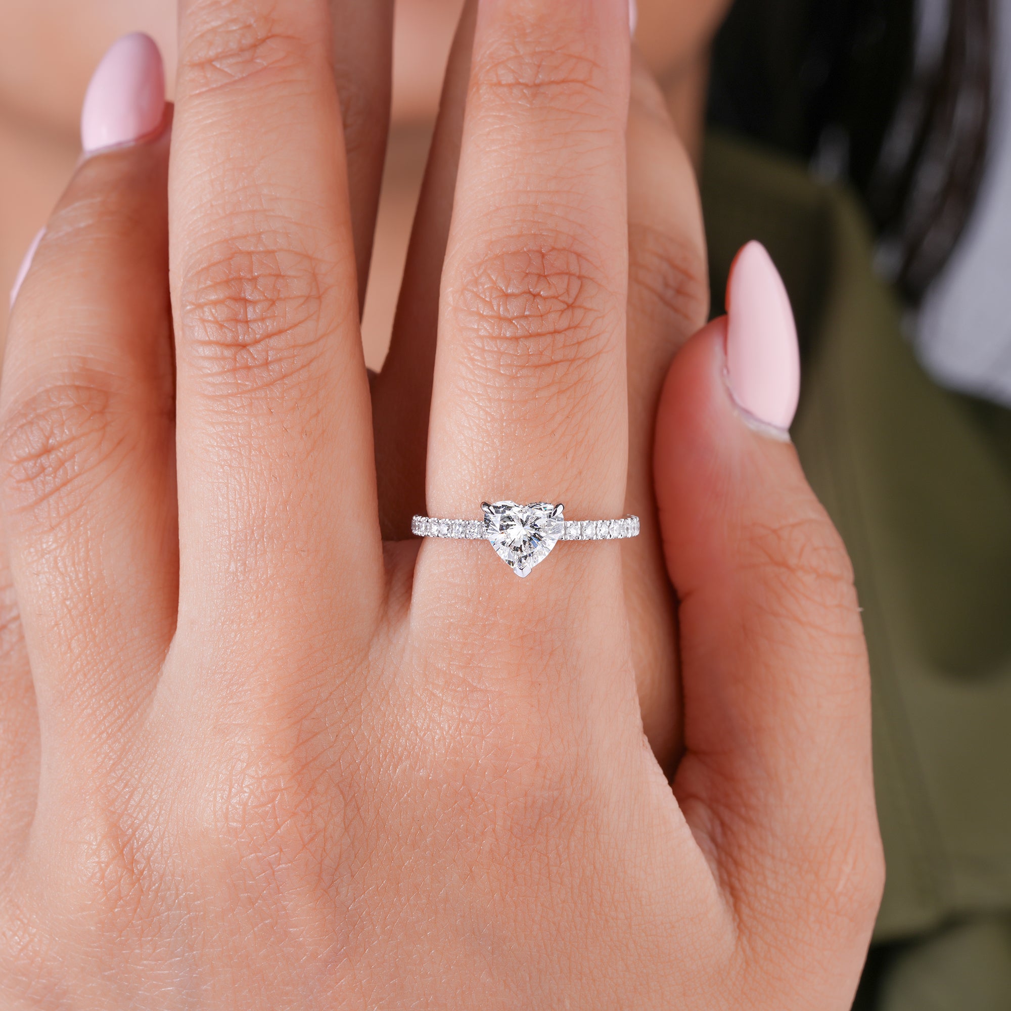 1.0 CT Heart Shape Diamond Petite Pave Band Hidden Accent Engagement Ring