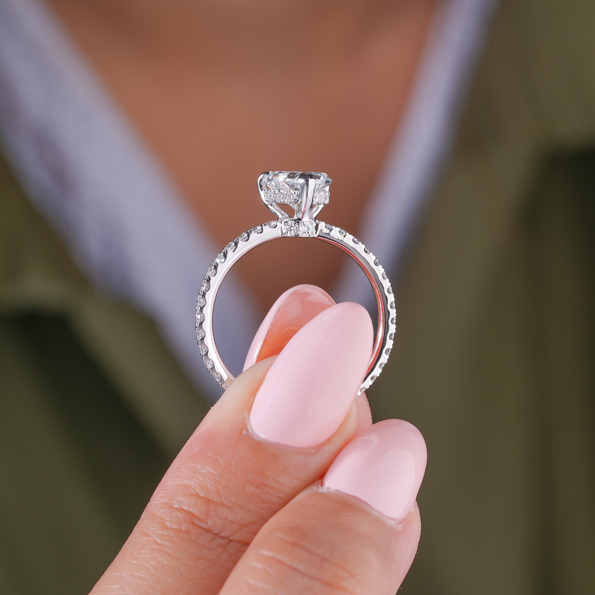 1.0 CT Heart Shape Diamond Petite Pave Band Hidden Accent Engagement Ring