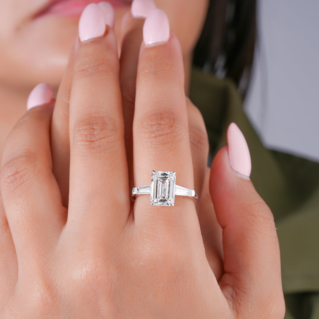 3.1 Carat Engagement Ring Emerald Cut Lab Grown Diamond Three Stone Engagement Ring