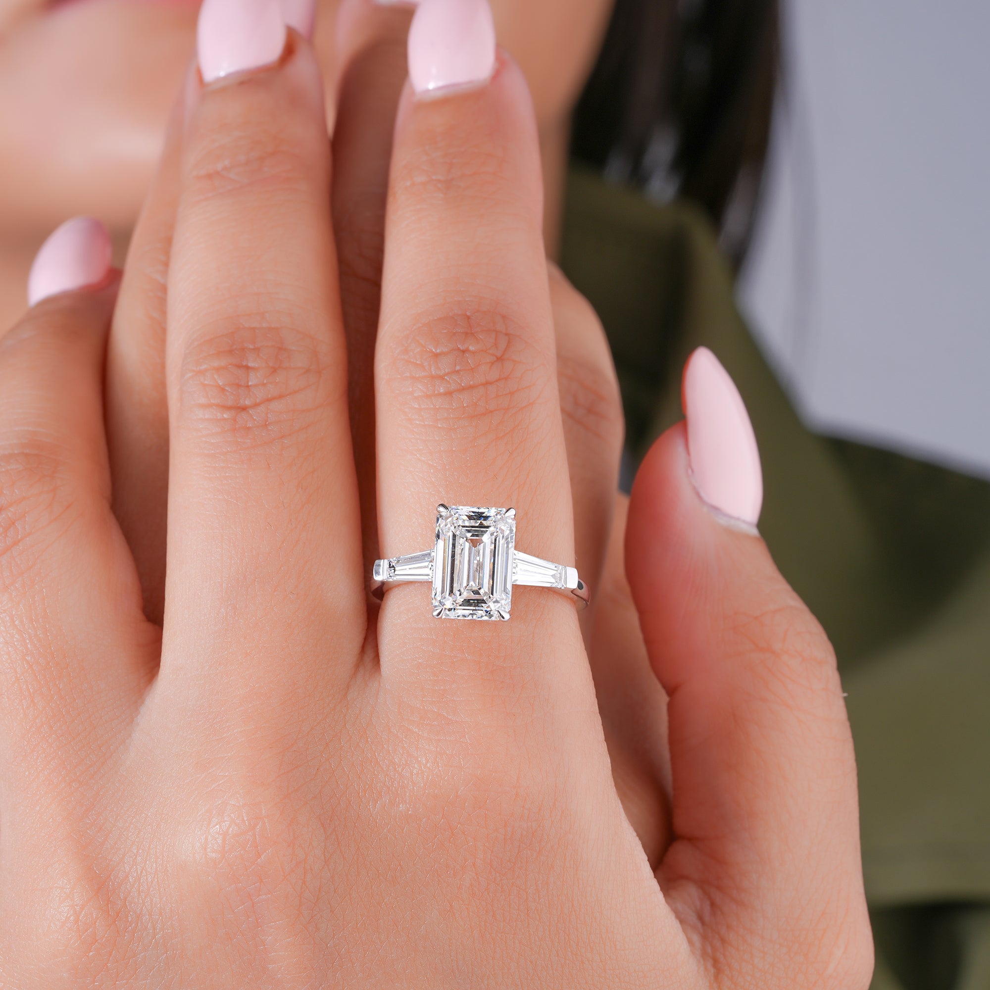 1.5 CT Emerald Cut Diamond Trilogy Tapered Baguette Engagement Ring