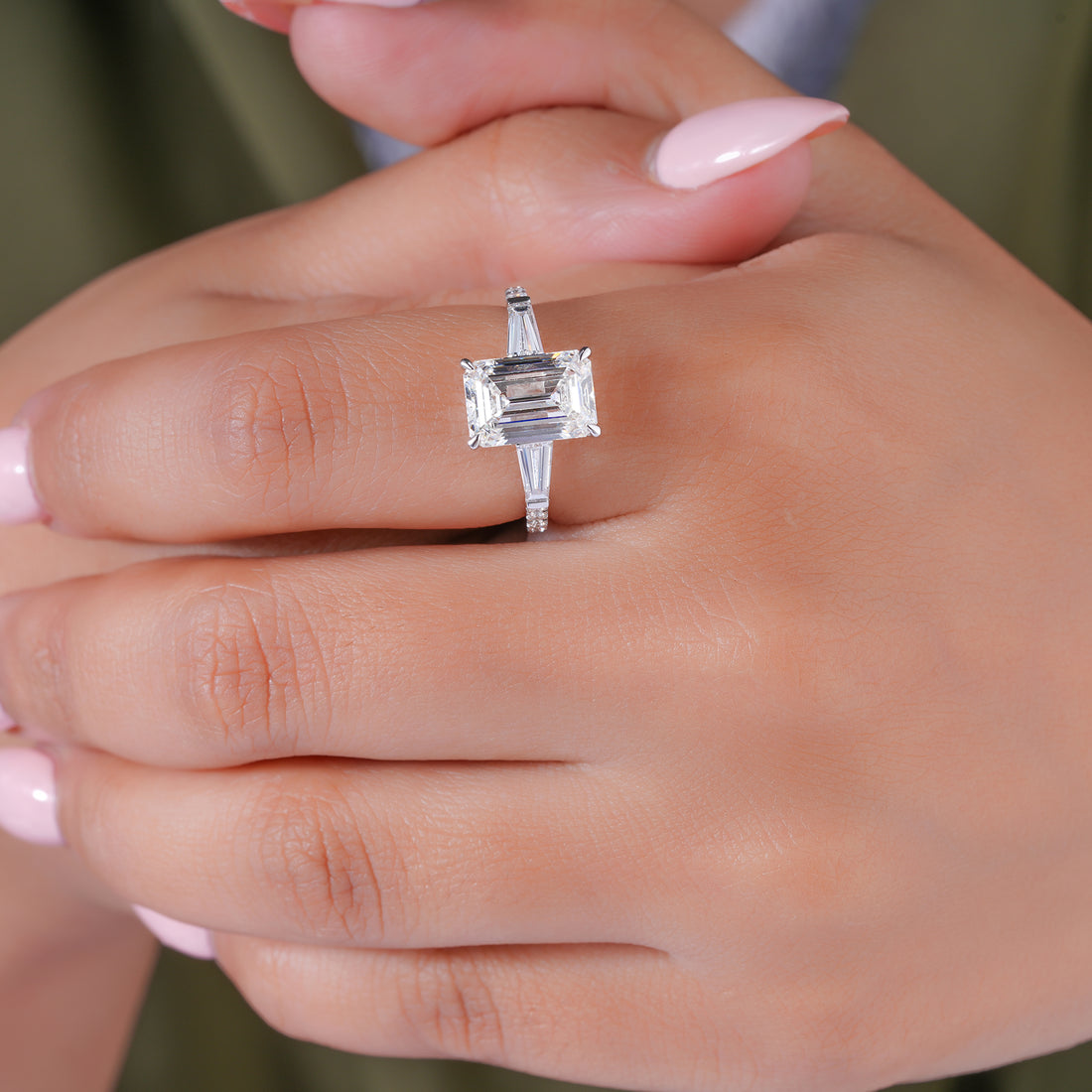 3.10 CT Emerald Cut Diamond Trilogy Ring Baguette Accent Diamond Engagement Ring