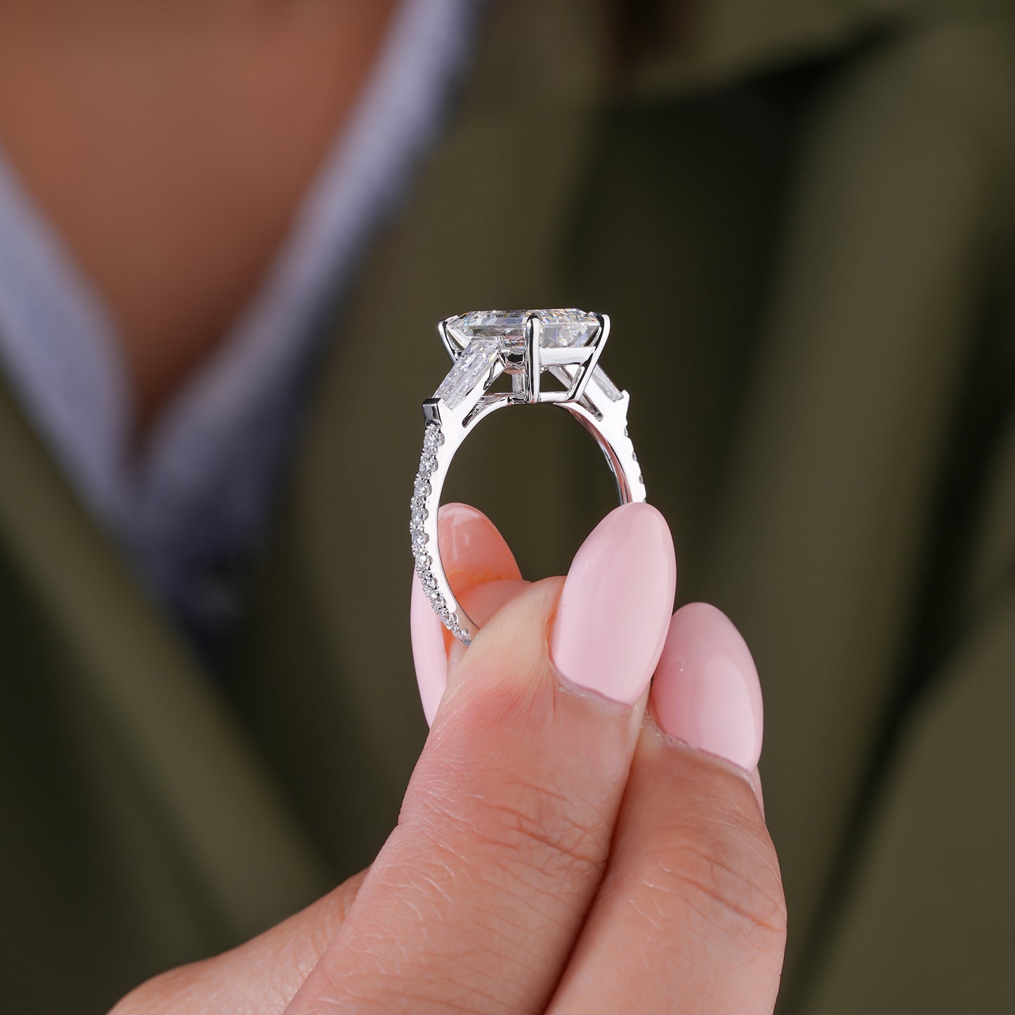 3.00 CT Emerald Cut Diamond Trilogy Ring Baguette Accent Diamond Engagement Ring