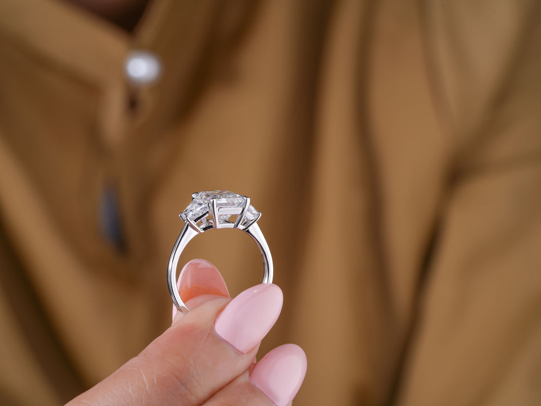 3 CT Emerald Cut Three Stone Art Deco Style Engagement Ring