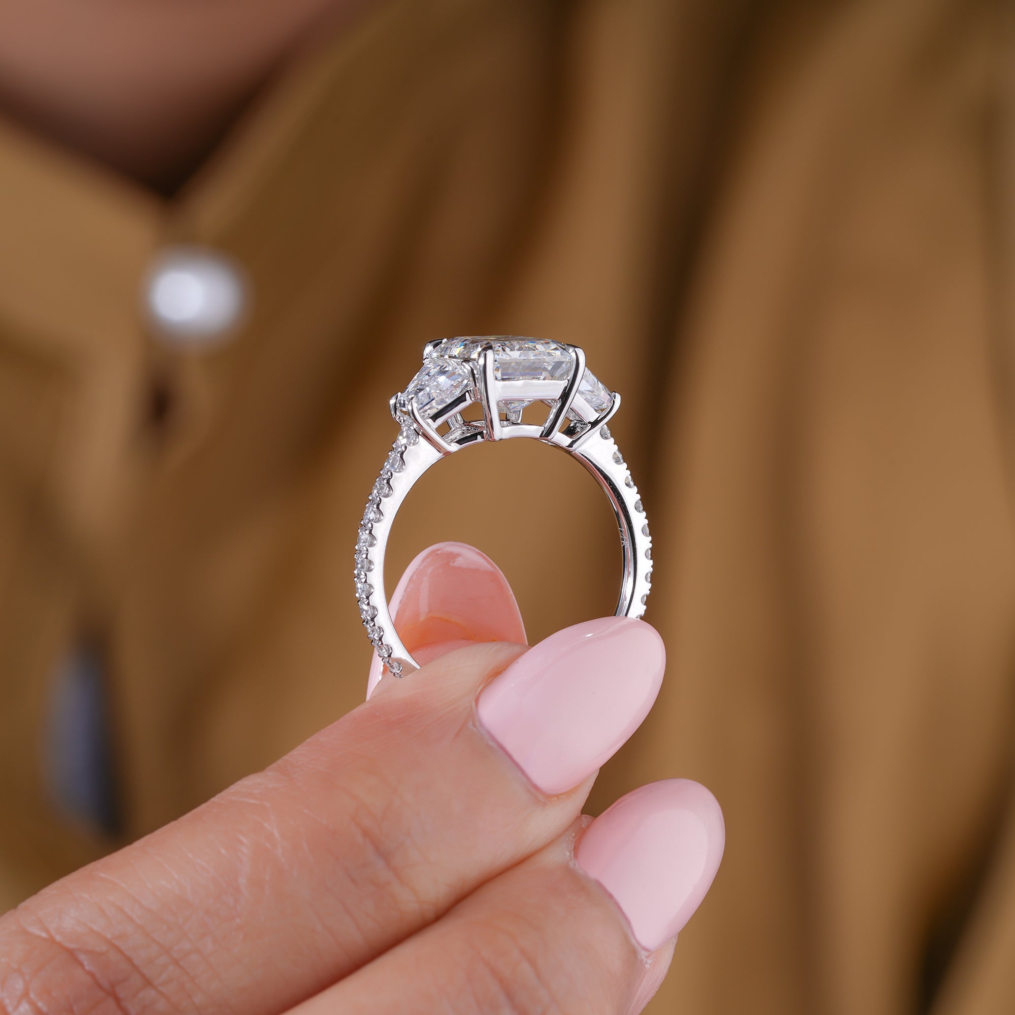 3 Carat Emerald Cut Trilogy Ring Diamond Trapezoid  Engagement Ring