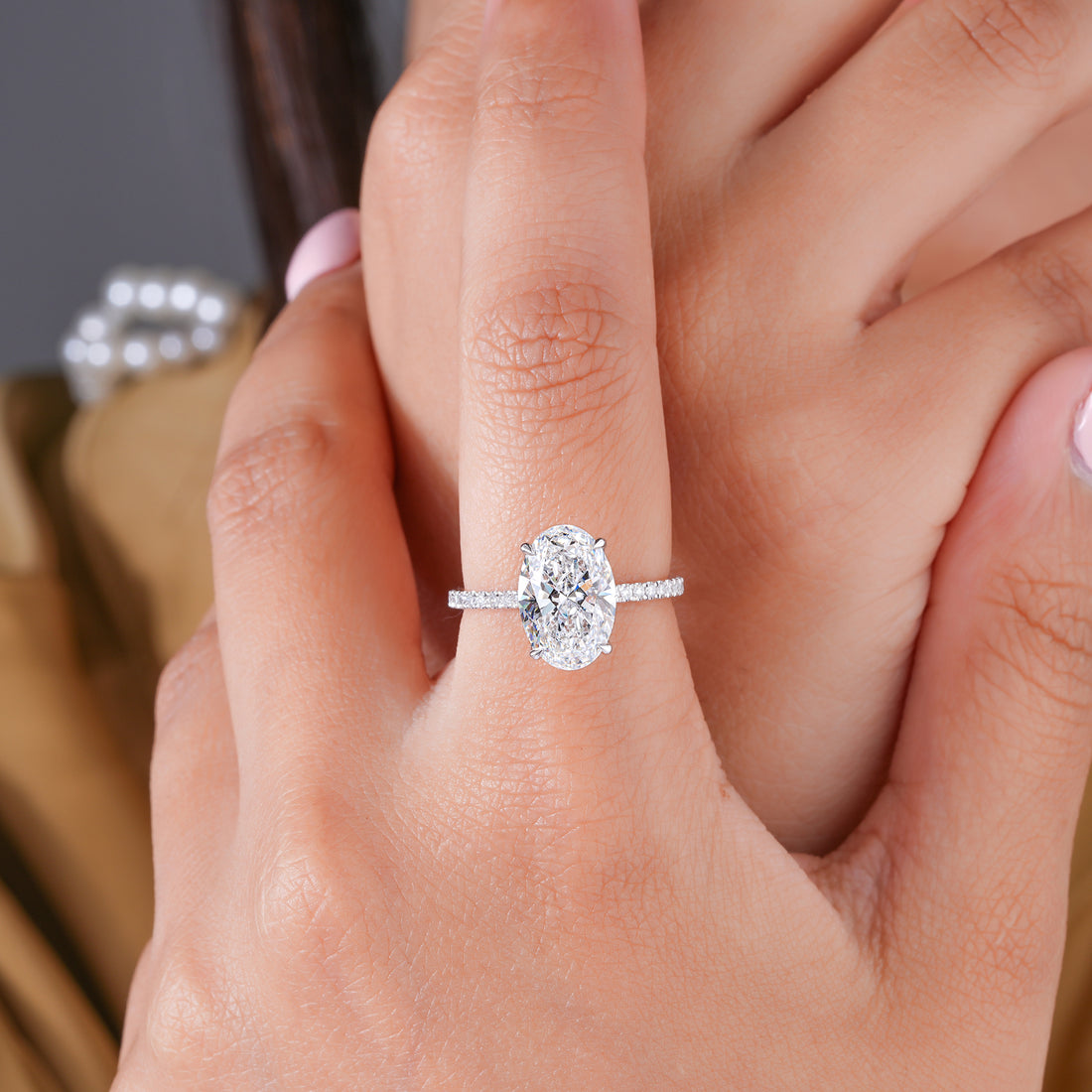 3.10 CT Oval Cut Lab Grown Diamond Hidden Halo Pave  Engagement Ring