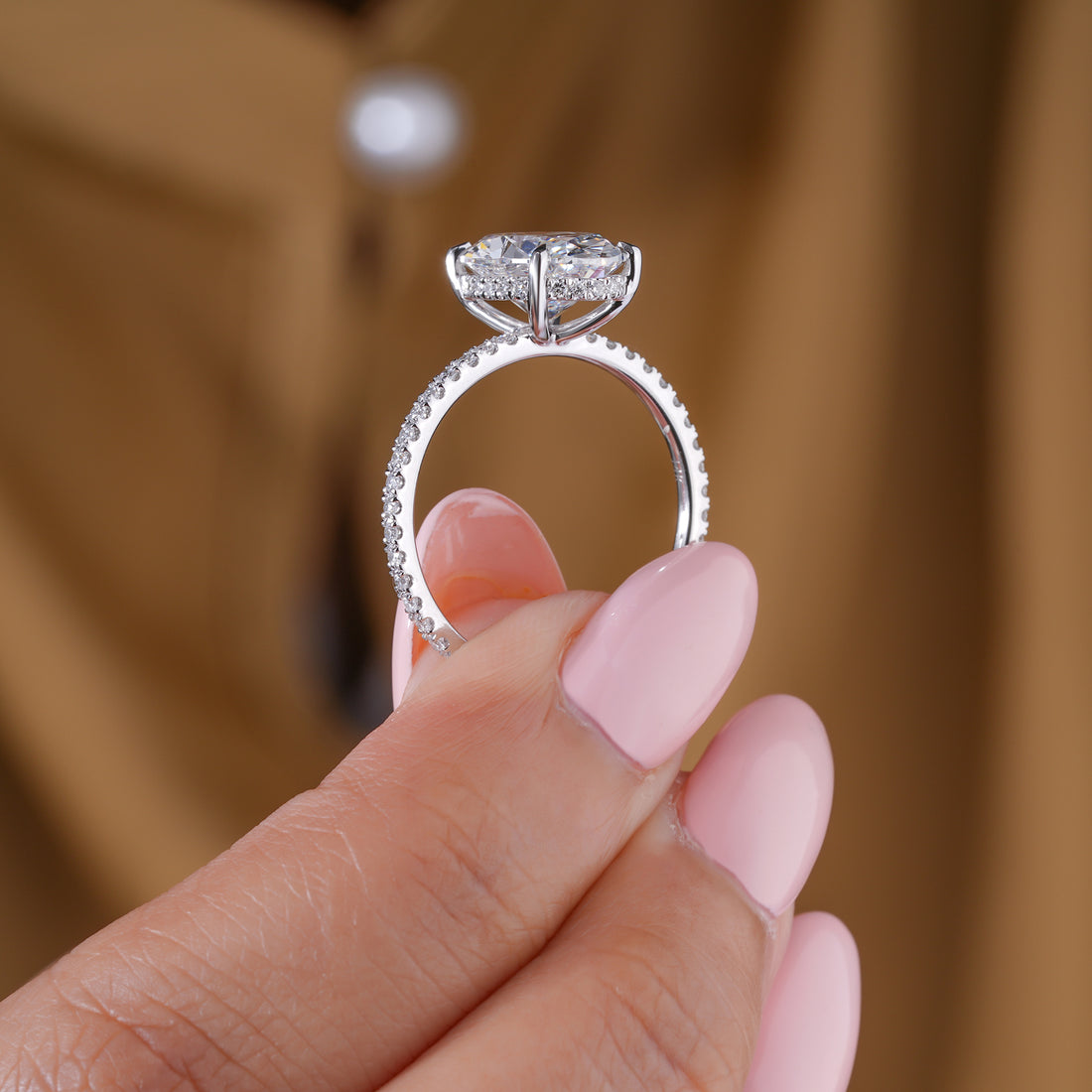 3.10 CT Oval Cut Lab Grown Diamond Hidden Halo Pave  Engagement Ring