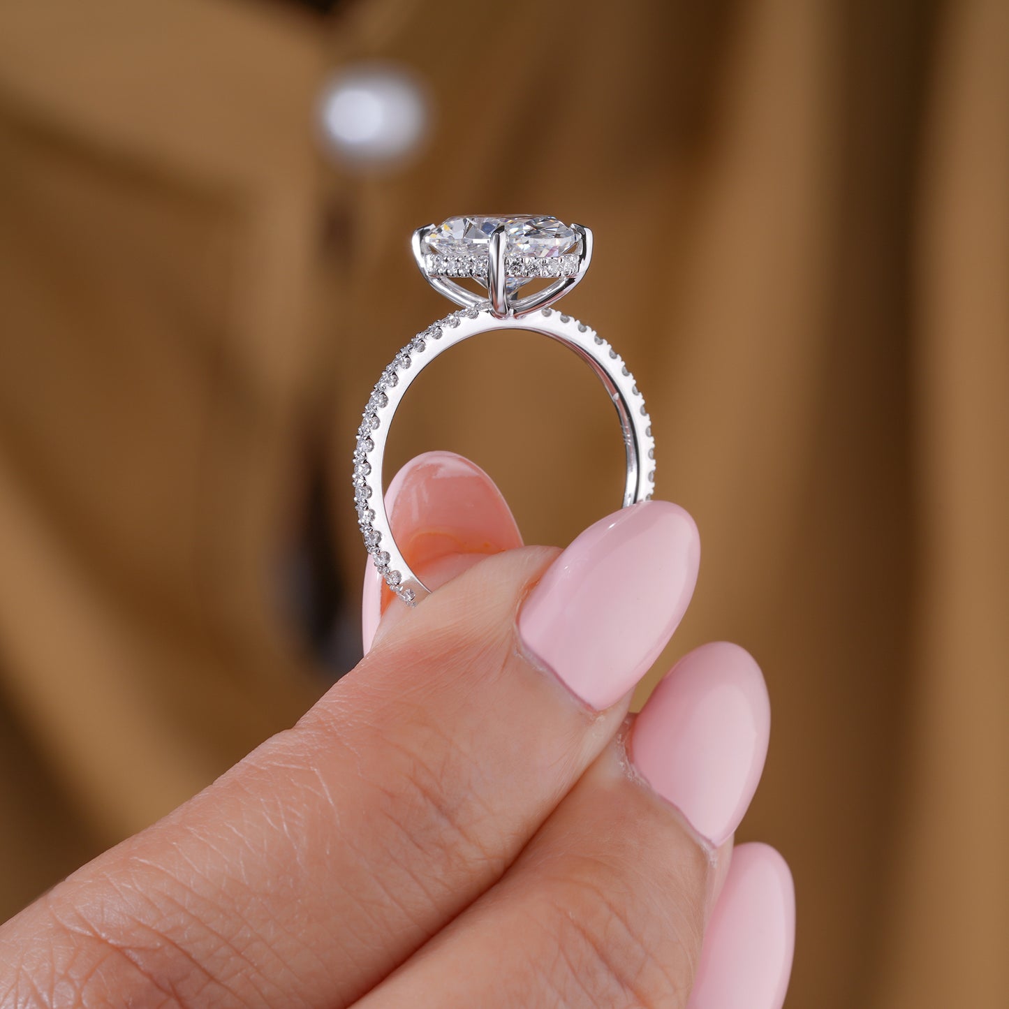 3.00 CT Oval Cut Lab Grown Diamond Hidden Halo Pave  Engagement Ring