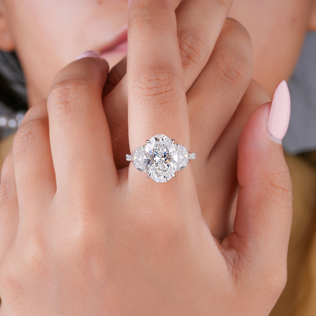 5 CT Oval Brilliant Lab Grown Diamond Trilogy Diamond  Engagement Ring