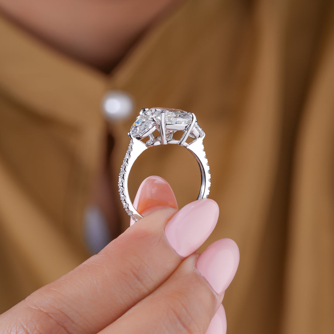 5 CT Oval Brilliant Lab Grown Diamond Trilogy Diamond  Engagement Ring