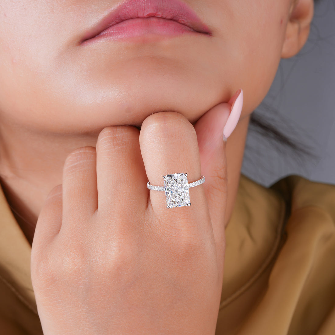 4 Carat Radiant Cut Diamond Ring Hidden Halo Elongated Engagement Ring