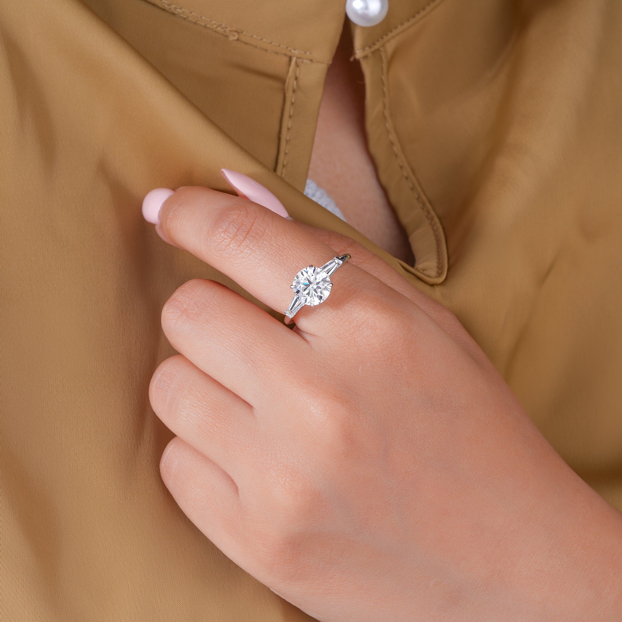 2.0 Carat Round Diamond Tapered Baguette Three Stone Classic Engagement Ring