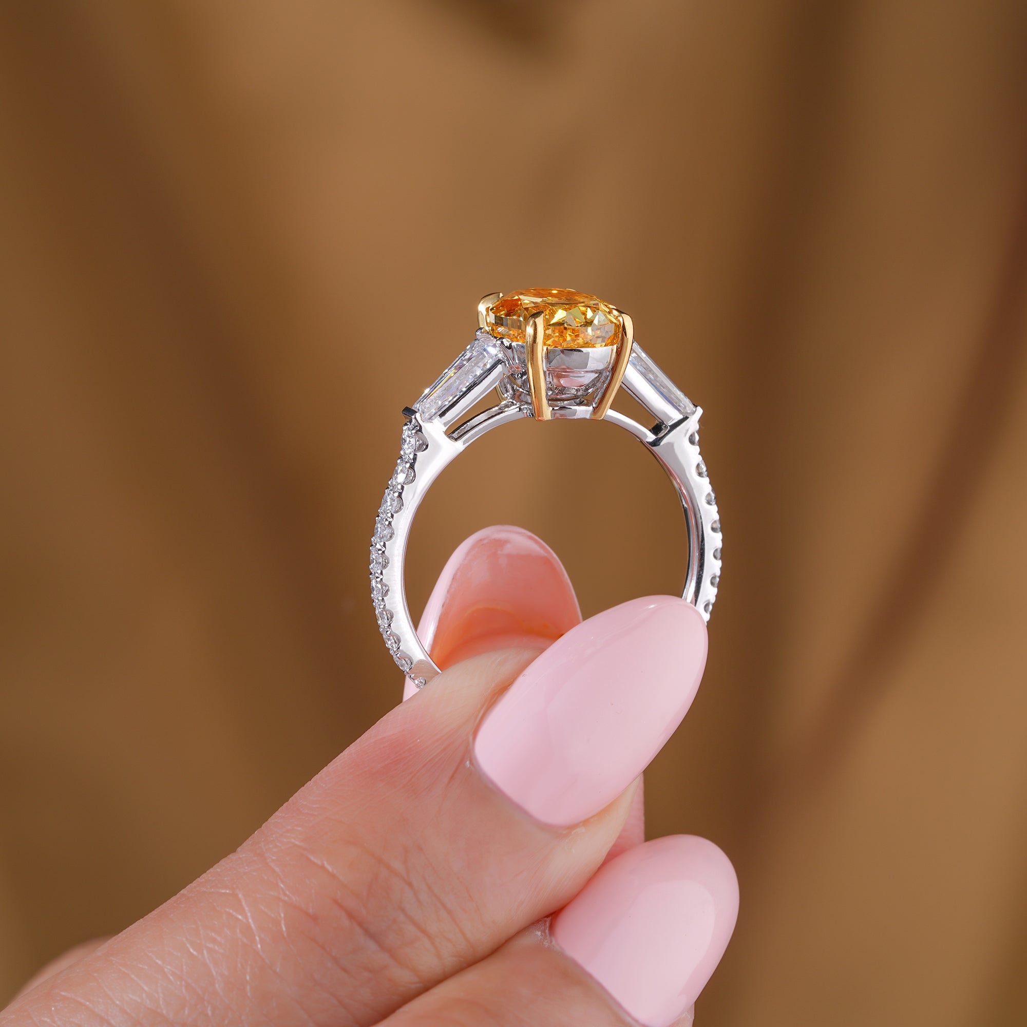 3.00 CT Fancy Yellow Oval Lab Grown Diamond Three Stone Unique Engagement Ring