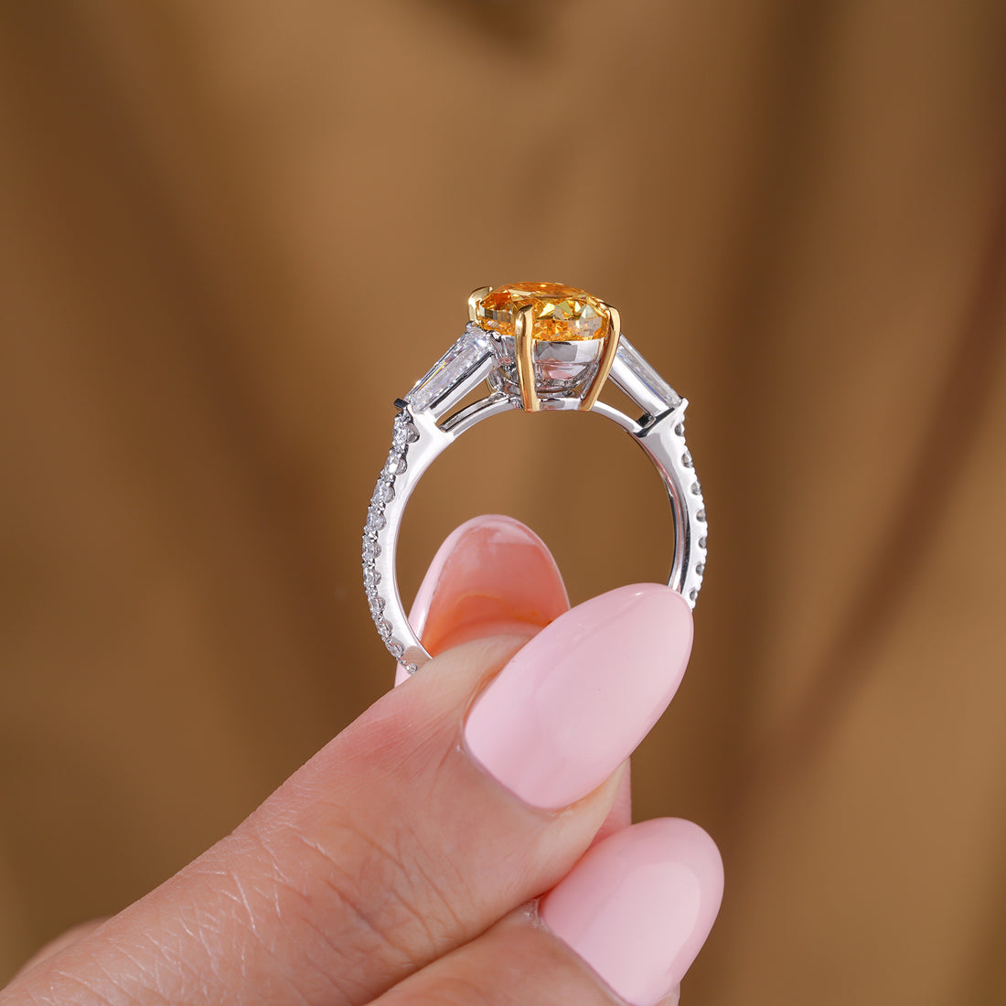 3.00 CT Fancy Yellow Oval Lab Grown Diamond Three Stone Unique Engagement Ring