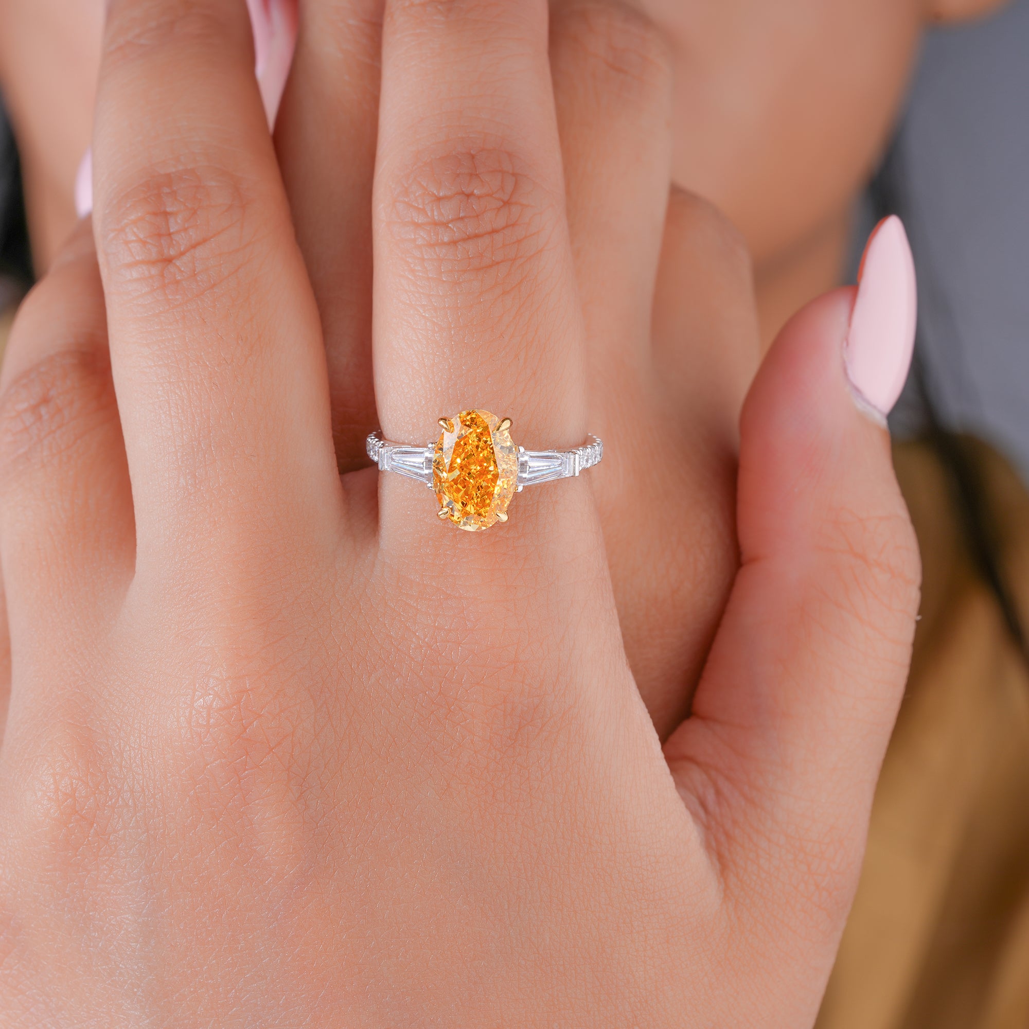 3.00 CT Fancy Yellow Oval Lab Grown Diamond Three Stone Unique Engagement Ring