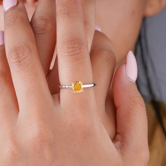 1.00 CT Fancy Yellow Cushion Lab Grown Diamond Solitaire Engagement Ring