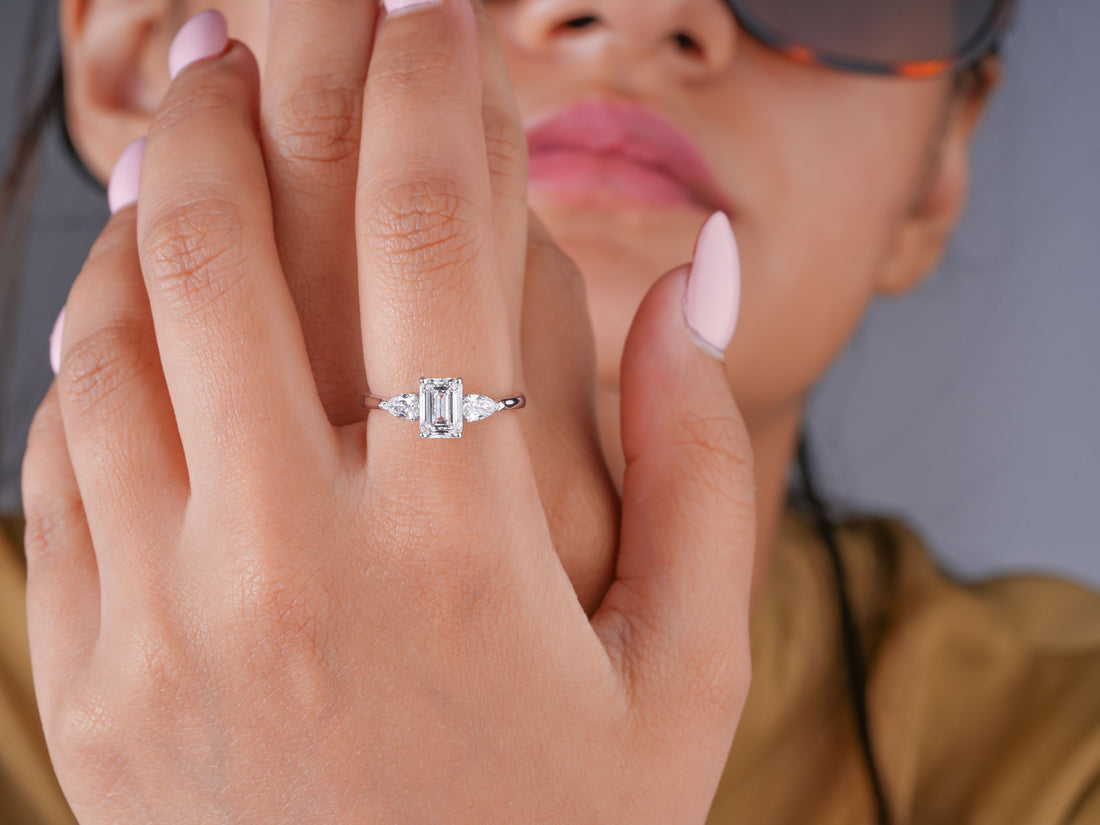1.40 CT Emerald and Pear Cut Lab Diamond Engagement Ring, 14K 18K Solid Gold Three Stone Ring, Unique Emerald Cut Bridal Ring, Promise Ring