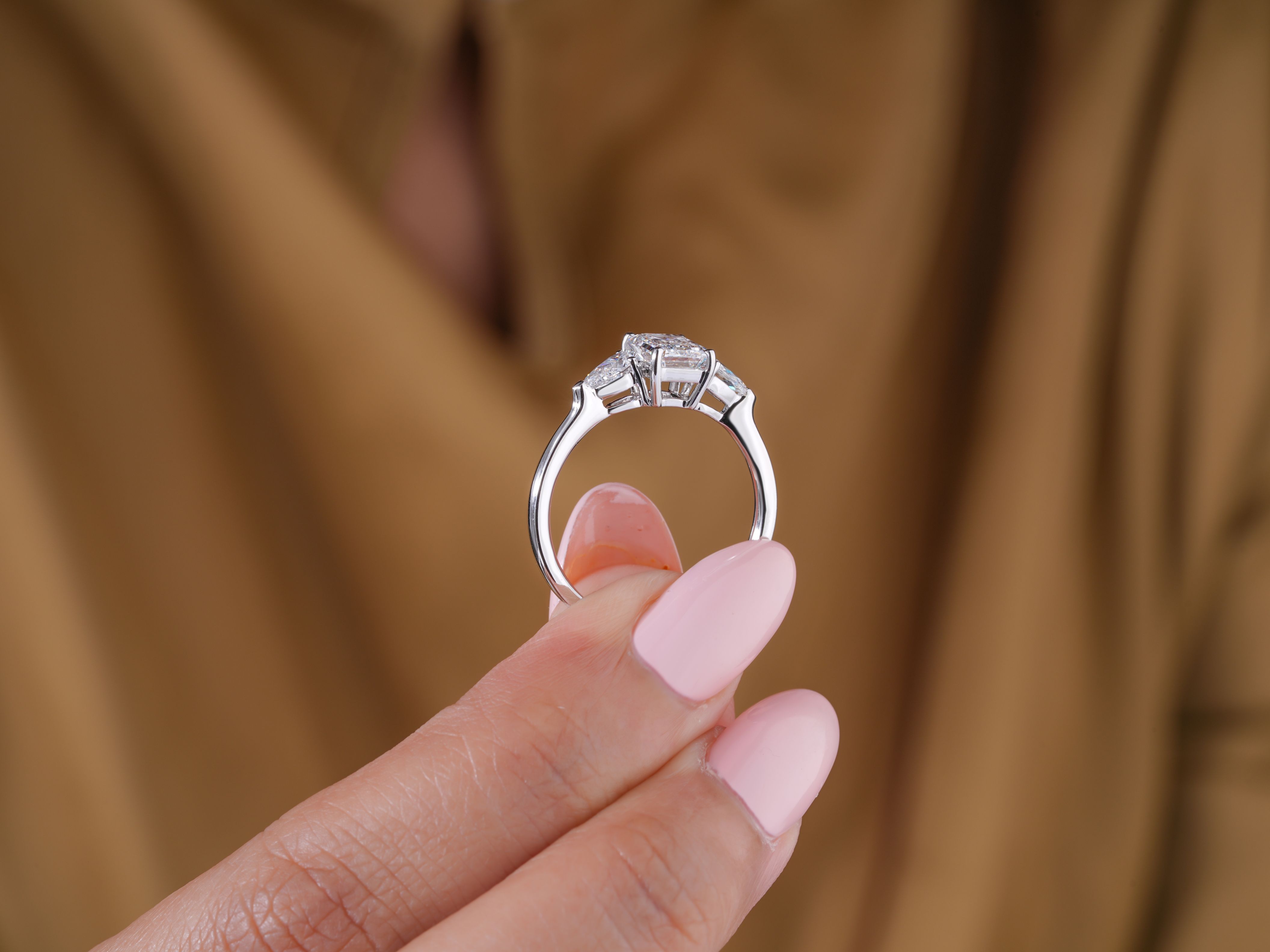 1.40 CT Emerald and Pear Cut Lab Diamond Engagement Ring, 14K 18K Solid Gold Three Stone Ring, Unique Emerald Cut Bridal Ring, Promise Ring