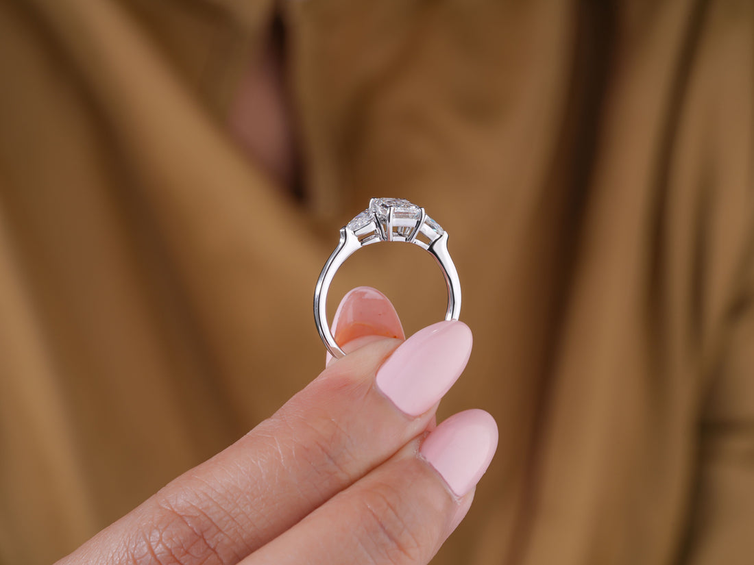 1.40 CT Emerald and Pear Cut Lab Diamond Engagement Ring, 14K 18K Solid Gold Three Stone Ring, Unique Emerald Cut Bridal Ring, Promise Ring
