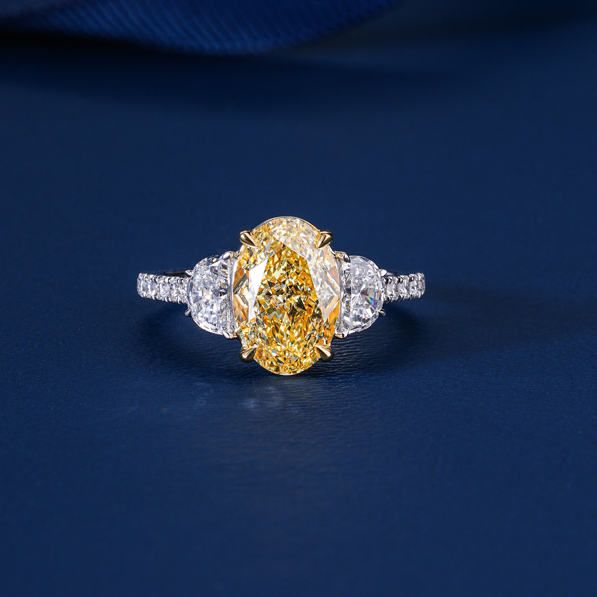 5.10 Ct Yellow Oval Cut Lab Grown Diamond Trilogy Pave  Elite Luxury Engagement Ring