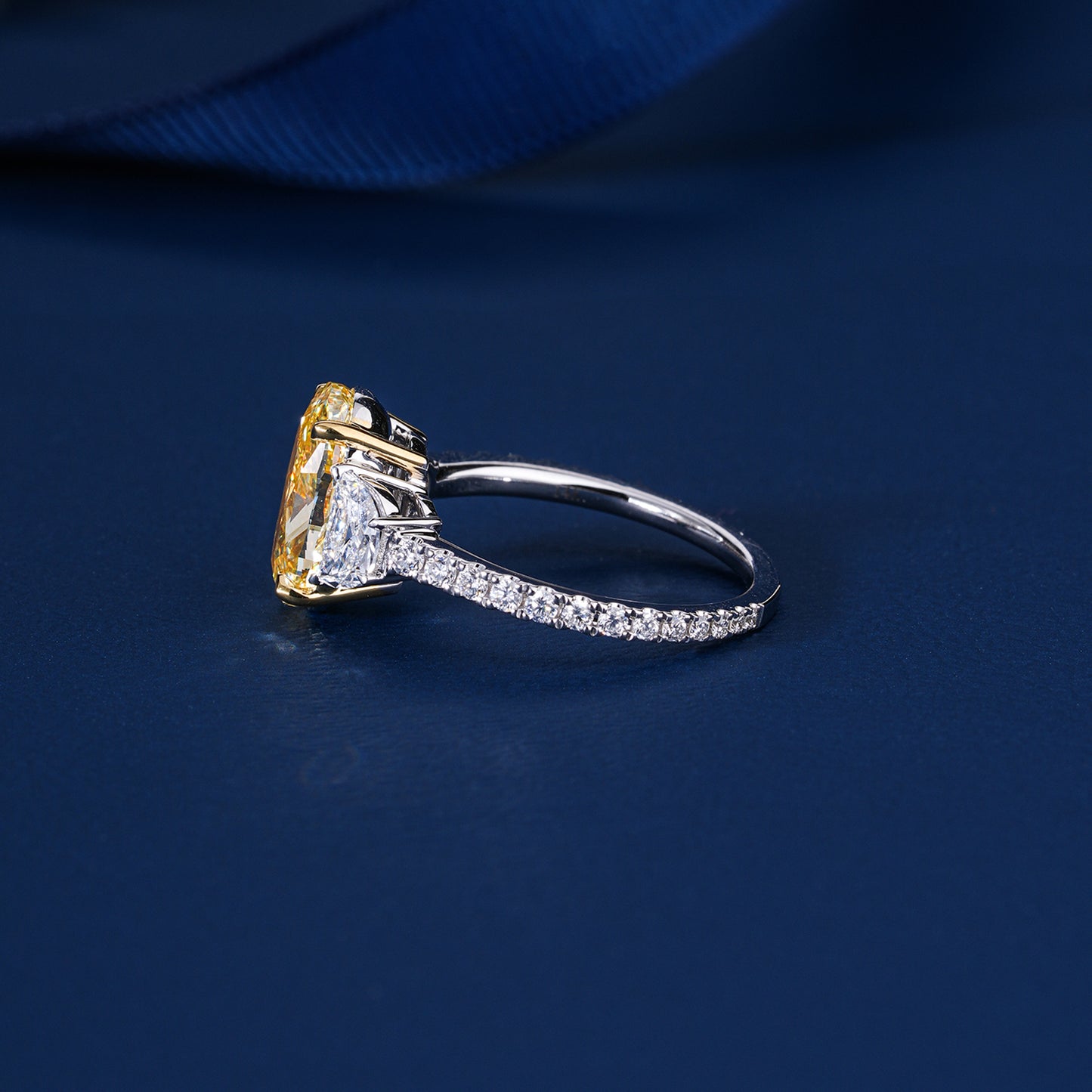 5.00 Ct Yellow Oval Cut Lab Grown Diamond Trilogy Pave  Elite Luxury Engagement Ring
