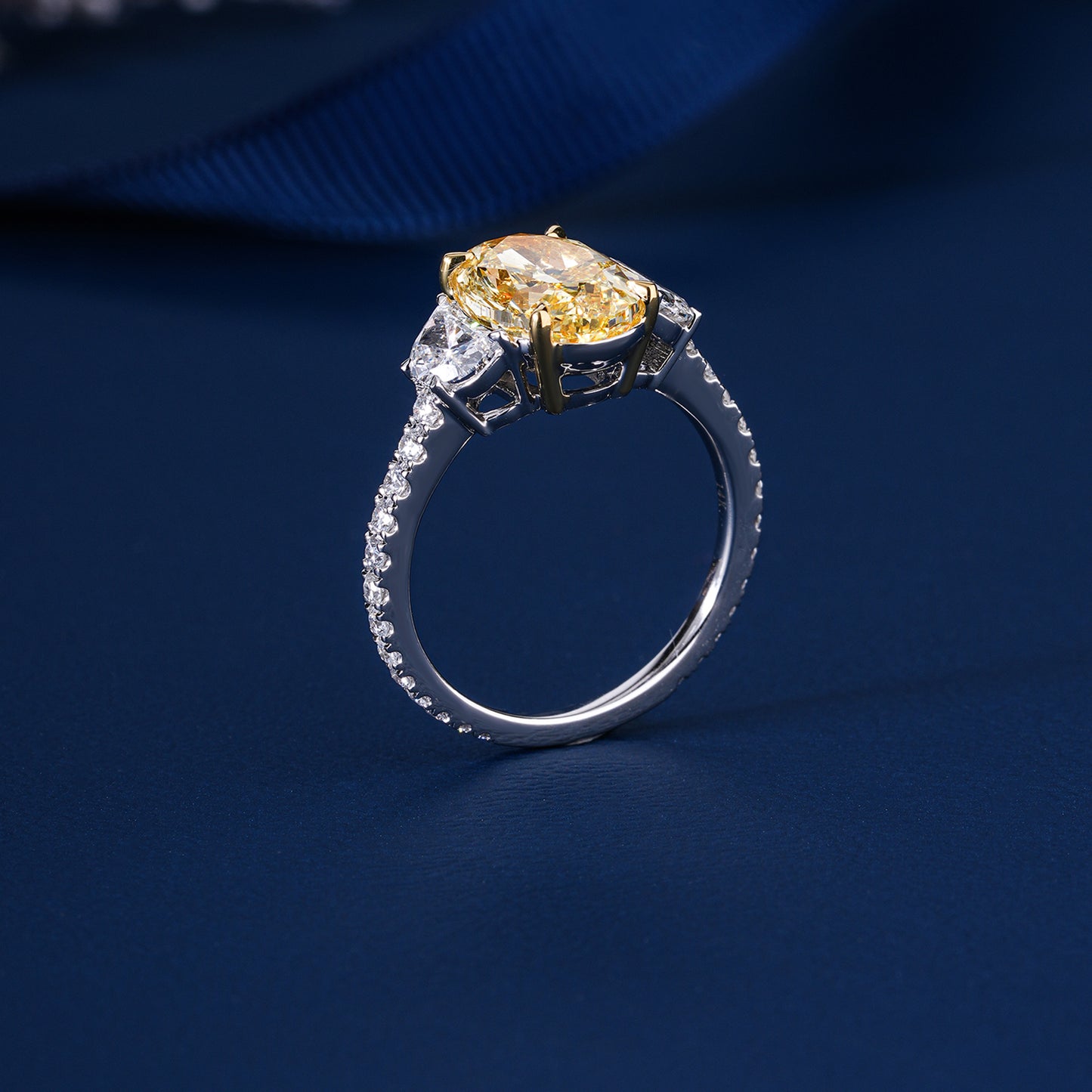 5.00 Ct Yellow Oval Cut Lab Grown Diamond Trilogy Pave  Elite Luxury Engagement Ring