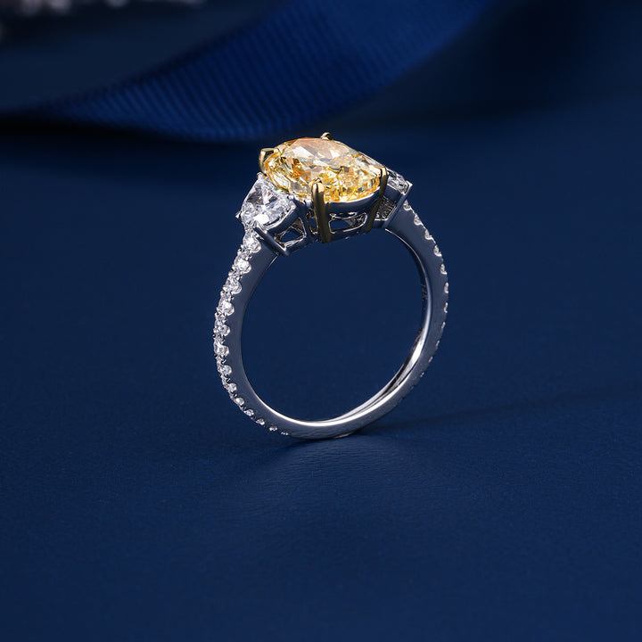 5.10 Ct Yellow Oval Cut Lab Grown Diamond Trilogy Pave  Elite Luxury Engagement Ring