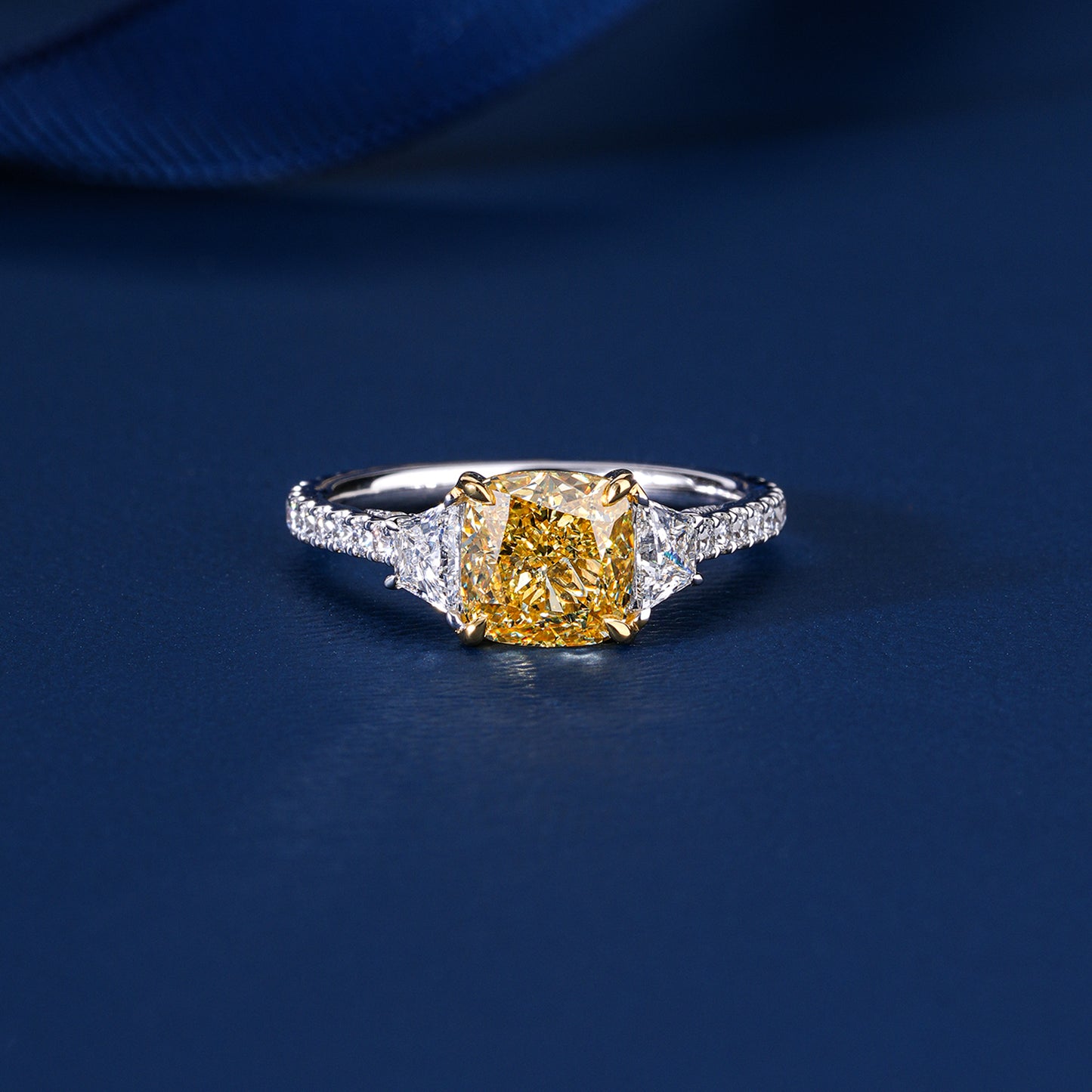 2.00 CT Cushion Yellow Diamond Cut Lab Grown  Diamond Three Stone Pave Set Engagement Ring