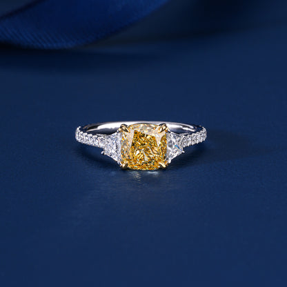 2.00 CT Cushion Yellow Diamond Cut Lab Grown  Diamond Three Stone Pave Set Engagement Ring