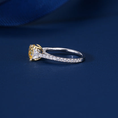 2.00 CT Cushion Yellow Diamond Cut Lab Grown  Diamond Three Stone Pave Set Engagement Ring